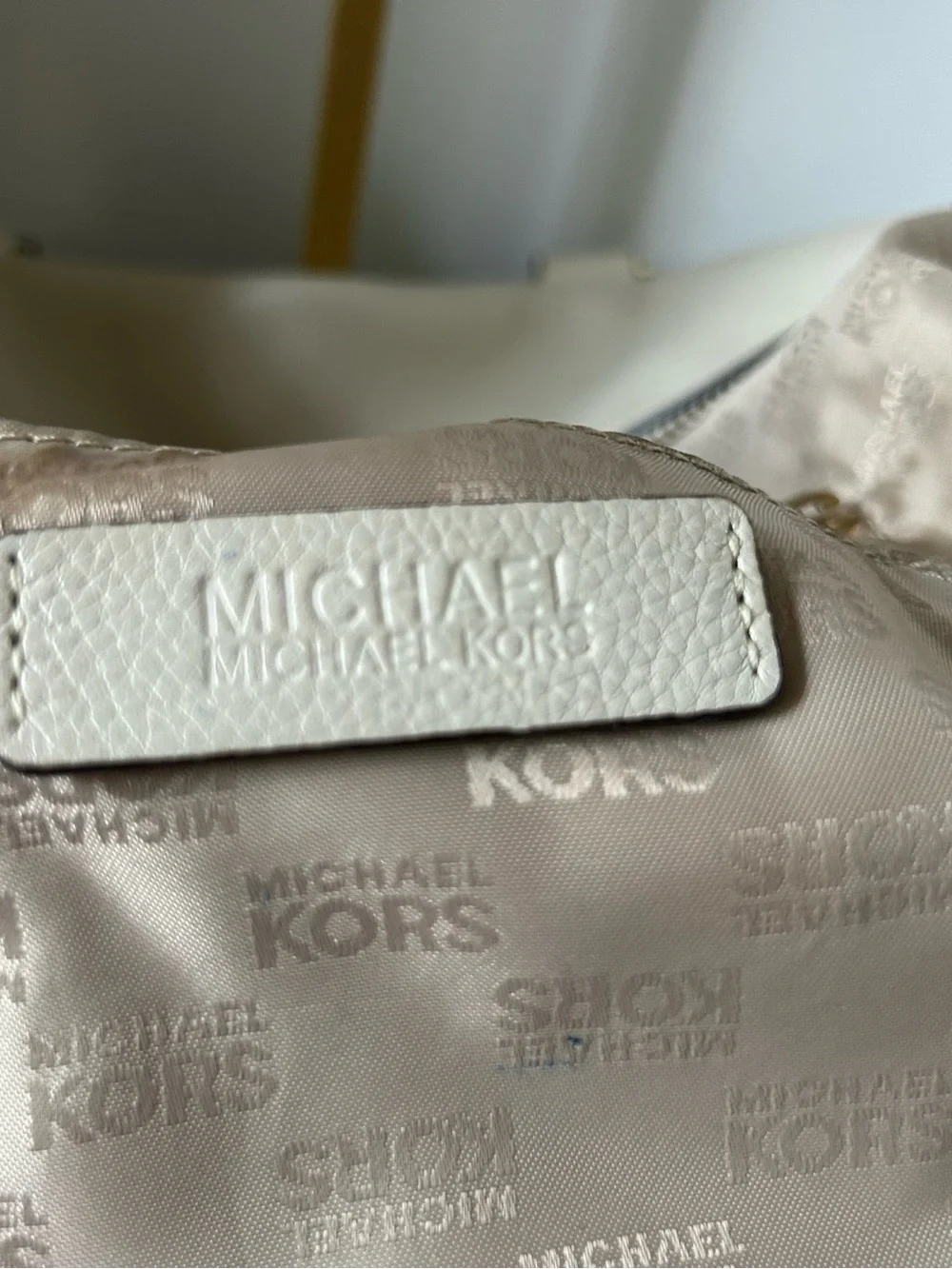 Michael Kors Cream Pebbled Leather Tote with Gold Plaque